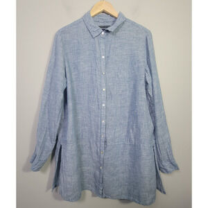 Tahari Womens L 100% Linen Tunic Shirt Blue Button Front